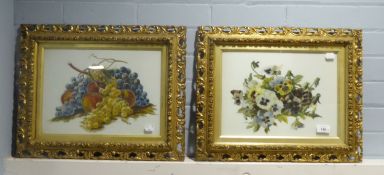 TWO PAINTING ON OPAQUE GLASS 'FRUIT' AND 'FLOWERS' IN ORNATE GILT FRAMES (2)