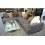 A HUGE L-SHAPED BROWN SUEDE SOFA, WITH SCATTER CUSHIONS, 78cm HIGH x 273cm LONG x 233cm WIDE