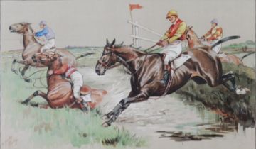 MABEL DOROTHY HARDY (1868-1937), Set of four horseracing lithographs; A Spill at the Water-Jump, The