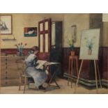 JOHN ASHCROFT (EARLY TWENTIETH CENTURY) WATERCOLOUR Female student seated in a classroom drawing a