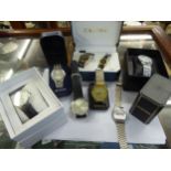 FIVE GENTS QUARTZ WRIST WATCHES IN ASSOCIATED BOXES; A GENTS SKOPES UNBOXED QUARTZ WATCH AND A