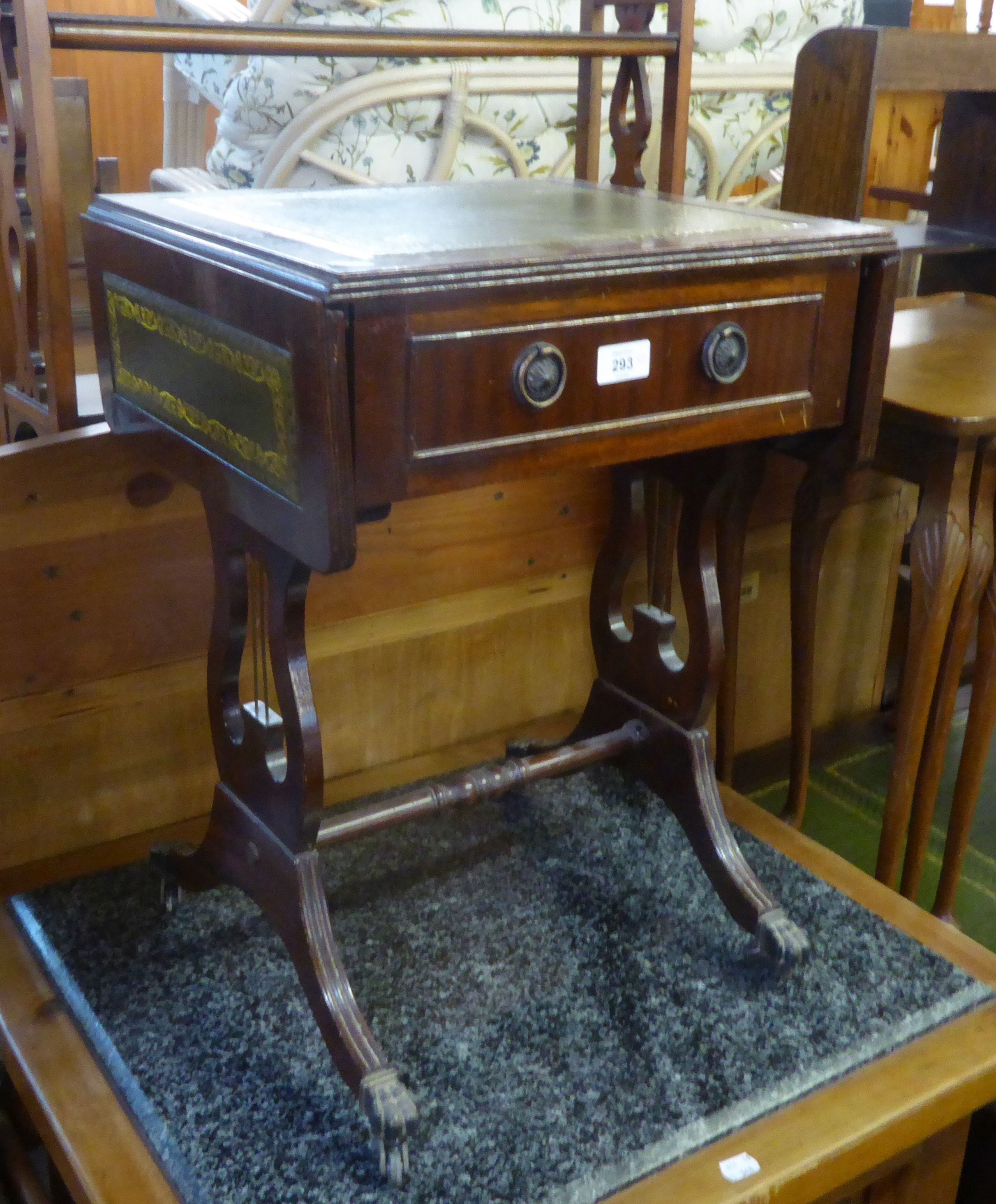 REGENCY STYLE MAHOGANY SOFA-TABLE STYLE OCCASIONAL TABLE AND A MAHOGANY THREE TIER OPEN BOOKSHELF (