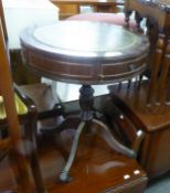 REGENCY STYLE MAHOGANY CIRCULAR DRUM TOP OCCASIONAL TABLE WITH GREEN LEATHER SKIVER AND TWO DRAWERS,