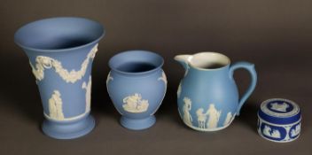 FOUR PIECES OF WEDGWOOD BLUE JASPERWARE, comprising, a DARK BLUE DIPPED CIRCULAR SMALL BOX AND