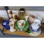 CERAMIC ITEMS TO INCLUDE; A PAIR OF MANTEL DOGS, RACK PLATES, LARGE VASE AND BOWL, A CUT GLASS