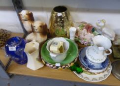 CERAMIC ITEMS TO INCLUDE; A PAIR OF MANTEL DOGS, RACK PLATES, LARGE VASE AND BOWL, A CUT GLASS