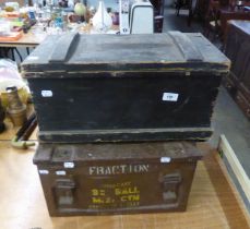 A SMALL WOODEN TOOL BOX WITH LIFT-OUT TRAYS AND A MILITARY AMMUNITION BOX, ‘9mm BALL’