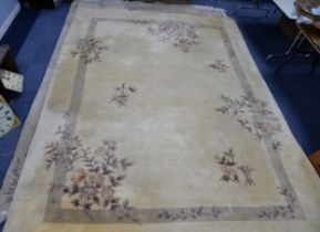 HEAVY QUALITY WASHED CHINESE CARPET, plain cream field with plain grey inset border, one end