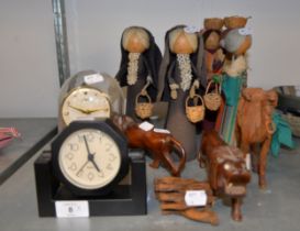 SIX DRESSED DOLLS WITH CONICAL WOODEN BODIES; TWO MODERN MANTEL CLOCKS; TWO CARVED WOODEN MODELS