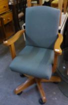 A STURDY PINE OFFICE ARMCHAIR, ON FIVE SPUR BASE, TOGETHER WITH A LOW SEATED OPEN ARMCHAIR WITH