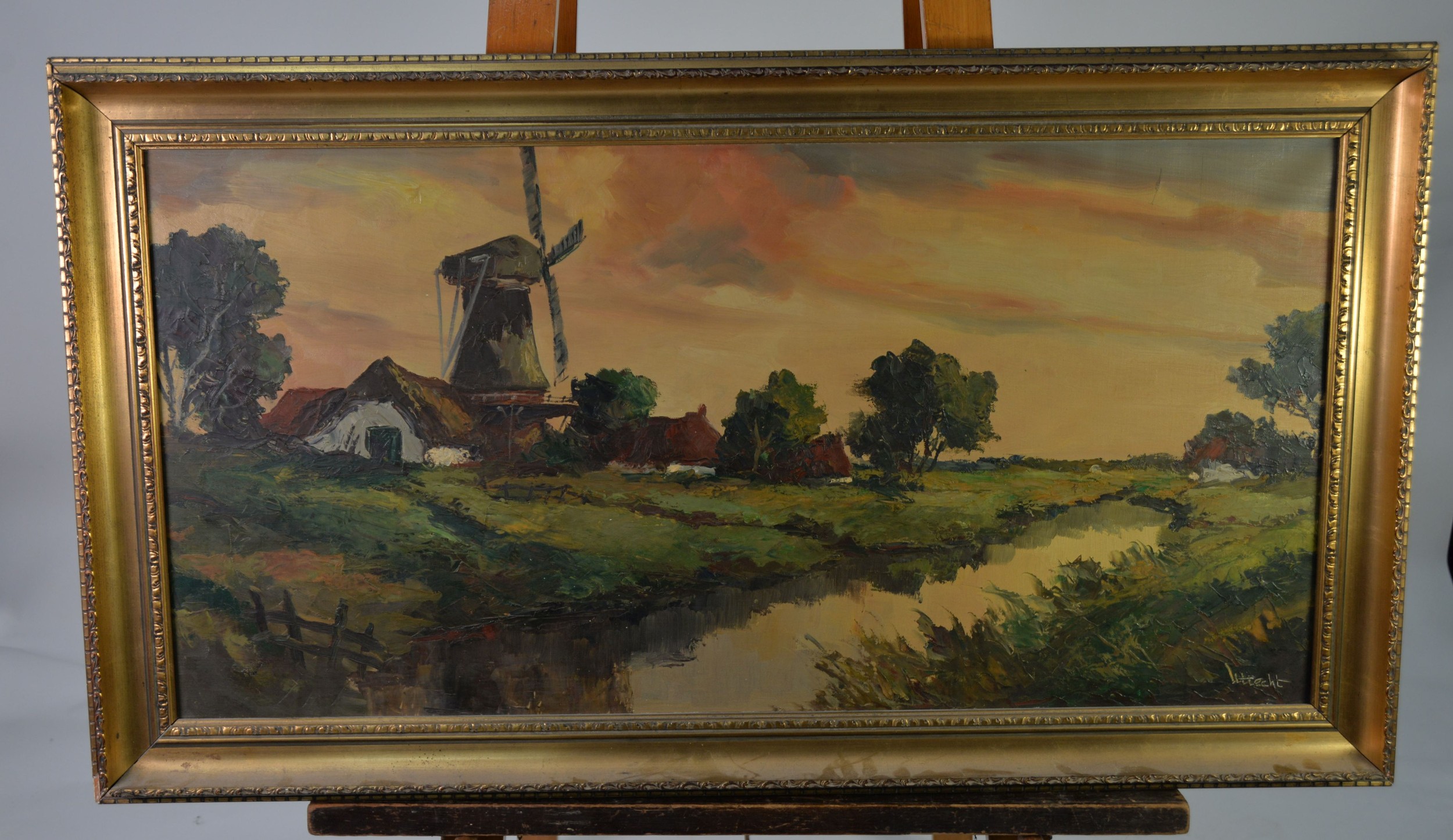 UTTECHT(?) (TWENTIETH CENTURY) OIL ON CANVAS Canal scene with windmill and farm buildings Signed - Image 2 of 2