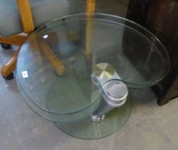 MODERN DESIGNER SHAPED GLASS COFFEE TABLE, CHROME SUPPORT ON GLASS BASE