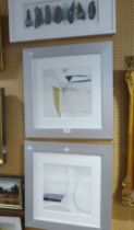 A PAIR OF CONTEMPORARY ABSTRACT PRINTED IMAGES ALSO AN ABSTRACT SLATE AND GLASS APPLIQUE PICTURE,