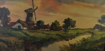 UTTECHT(?) (TWENTIETH CENTURY) OIL ON CANVAS Canal scene with windmill and farm buildings Signed