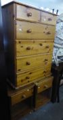 TWO PINE CHESTS OF TWO SHORT AND FOUR LONG DRAWERS, A PAIR OF PINE SINGLE DRAWER BEDSIDE CHESTS