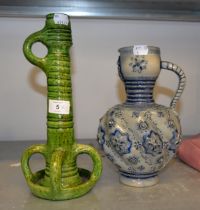 VICTORIAN ART POTTERY CANDLESTICK PLUS A GERMAN STONEWARE JUG (2)