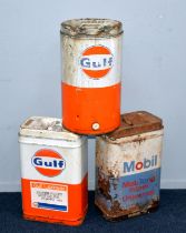 AUTOMOBILIA: Gulf Lubricants oil drum, Gulf oil can, and a Mobil Oil can, each approx. 19" (48 cm) H