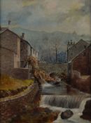UNATTRIBUTED (NINETEENTH CENTURY) OIL ON CANVAS Stream with stone bridge and buildings Unsigned