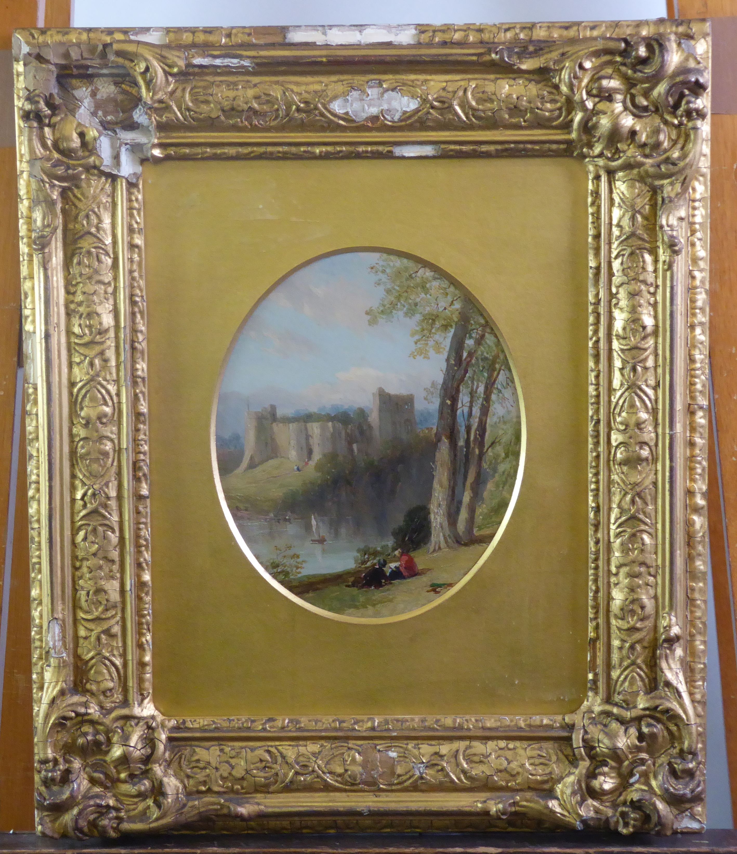 BRITISH SCHOOL (NINETEENTH CENTURY) OIL PAINTING ON BOARD, OVAL 'Chepstow Castle, South Wales' - Image 2 of 2