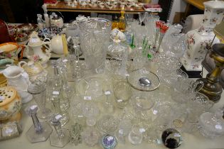 A LARGE QUANTITY OF MOULDED AND CUT GLASS VARIOUS, 10 GLASS MOULDED CANDLESTICKS, LARGE CUT GLASS