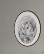 T BIMPTON (TWENTIETH/ TWENTY FIRST CENTURY) OVAL MIXED MEDIA IN MONOCHROME Montage of an owl, a hawk