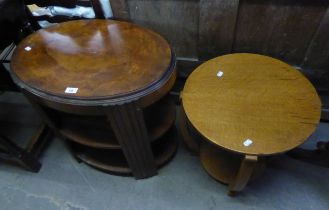 WALNUTWOOD ART DECO STYLE OVAL THREE TIER OCCASIONAL TABLE, REEDED ENDS AND A LIGHT OAK ART DECO