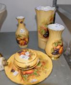 SIX PIECES OF AYNSLEY ‘ORCHARD GOLD’ FRUIT PRINTED CHINA, VIZ THREE VASES, A TRINKET BOWL AND COVER,