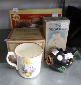 A SPODE CHINA FIVE PIECE CHRISTMAS SET IN ASSOCIATED TIN, ROYAL DOULTON FIGURE 'THE SNOWMAN', BOXED,