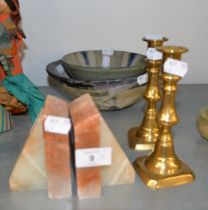 A PAIR OF BRASS CANDLESTICKS; A PAIR OF ONYX BOOKENDS AND TWO STUDIO POTTERY POT POURRI BOWLS