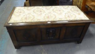 EARLY TO MID TWENTIETH CENTURY OAK OTTOMAN BOX, WITH APPLIED DECORATION AND LATER UPHOLSTERY, 49 1/