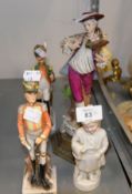 CONTINENTAL PORCELAIN FIGURE OF COURTIER ON BRASS BASE, PAIR OF FIGURES OF SOLDIERS AND ANOTHER