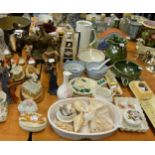 MIXED LOT OF DECORATIVE ORNAMENTS, TO INCLUDE; ELEPHANTS, FIGURES, SHELLS, TRINKET BOXES ETC.....