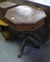 MAHOGANY OCTAGONAL TABLE, ON TRIPOD BASE, HAVING CHESSBOARD TOP TO CENTRE, REVEALING 4 CUBE BOXES