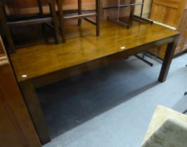 A POLISHED TEAK RECTANGULAR DINING TABLE, RAISED ON SQUARE LEGS (180cm long x 90cm wide)