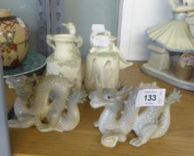 LLADRO; TWO LLADRO BISQUE VASES, TWO LLADRO GEESE AND TWO JOHN JENKINS ORIENTAL DRAGONS (6)