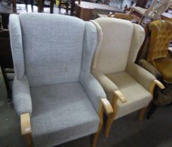 PAIR OF MODERN LIGHT OAK FRAMED WING BACK ARMCHAIRS (LIGHT GREY AND BEIGE FABRIC)