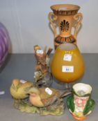 TWO BISQUE PORCELAIN BIRD GROUPS (ONE A.F.), GREEK POTTERY VASE, TOBY JUG AND AN AMBER GLASS