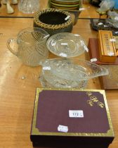 A BOXED PAIR OF ANNIVERSARY CHAMPAGNE FLUTES; FOUR PIECES OF MOULDED GLASS WARE; A STUDIO POTTERY