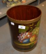 BARGE-WARE BIN OR BUCKET WITH HAND RENDERED FRUIT PAINTED DECORATION, 11 1/2" (28.5cm) high