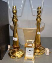 WM WIDDOP BATTERY OPERATED BRASS CARRIAGE TYPE MANTEL CLOCK; A PAIR OF BRASS BEDSIDE LAMPS  (3)