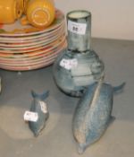 TWO DELTA POTTERY DOLPHIN ORNAMENTS AND CARN POTTERY GLOBE AND SHAFT SHAPED POTTERY VASE No. 42 (3)