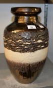 A LARGE POTTERY OVULAR VASE, WITH COPPER LUSTRE, BROWN AND WHITE GLAZE, 16” HIGH AND LARGE SILK