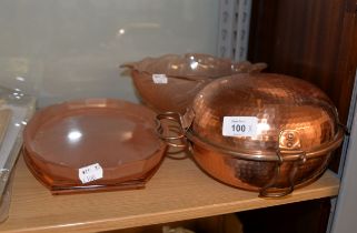 FROSTED GLASS FRUIT BOWL HAVING FISH DESIGN, TWO COLORED GLASS DRESSING TABLE TRAYS AND A HAMMERED