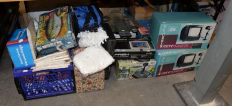 TWO BOXED B-SECURE CCTV MONITORS, A PRISM 7" TFT LCD TELEVISION, A BOXED POND PUMP, A BIG MOUTH