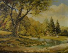 ERIC WILLIAMSON (TWENTIETH CENTURY) OIL ON CANVAS Wooded River scene with figures in front of a