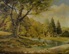 ERIC WILLIAMSON (TWENTIETH CENTURY) OIL ON CANVAS Wooded River scene with figures in front of a