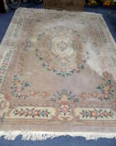 HEAVY QUALITY EMBOSSED WASHED CHINESE CARPET OF AUBUSSON DESIGN with plain mushroom coloured