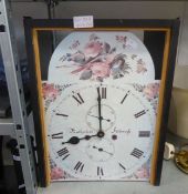 A PLY BOARD LONGCASE CLOCK FACE, BATTERY OPERATED IN WOODEN FRAME