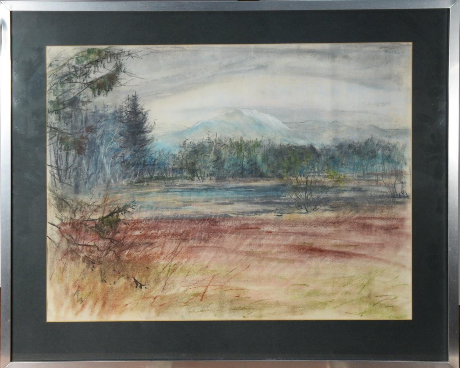 R W (TWENTIETH/ TWENTY FIRST CENTURY) PASTEL Wooded river landscape with mountains in background - Image 2 of 2