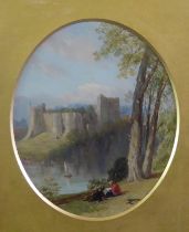 BRITISH SCHOOL (NINETEENTH CENTURY) OIL PAINTING ON BOARD, OVAL 'Chepstow Castle, South Wales'